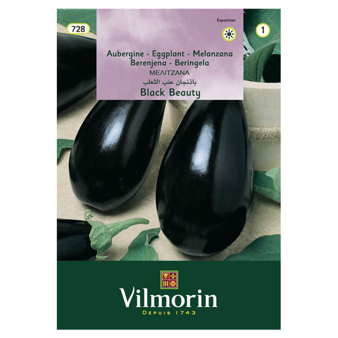 En esta imagen se ve un envase de semillas de Berenjena Black Beauty, la marca es Vilmorin. El sobre contiene una foto donde se ven 3 berenjenas.