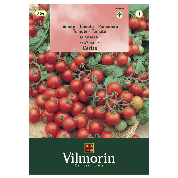 En esta imagen se ve un sobre de semillas de tomate cocktail pomodoro marca Vilmorin. En la imagen del envase se ven muchos tomates tamaño pequeño.