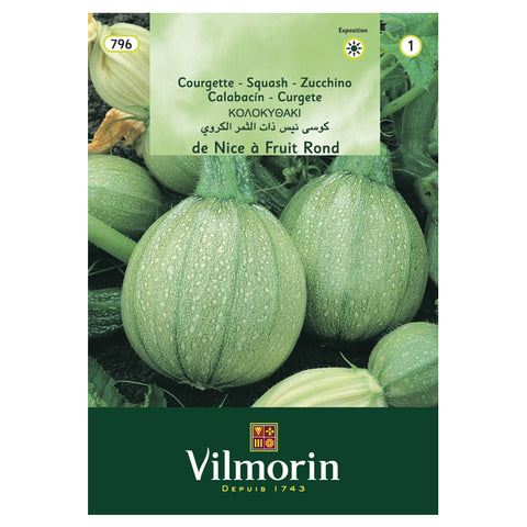 En esta imagen se observar un sobre de semillas de zapallo italiano redondo o también conocido como calabacín. La marca es Vilmorin. En el envase aparece una foto con dos zapallitos.