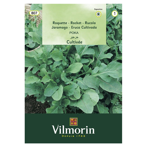 En esta imagen se observa un sobre de semillas de Rúcula marca Vilmorin. En la foto del envase aparece una planta de rúcula.
