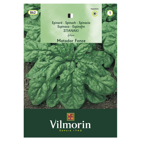 En esta imagen se observa un sobre de semillas de espinaca marca Vilmorin. En el envase aparece una foto con una planta de espinaca.