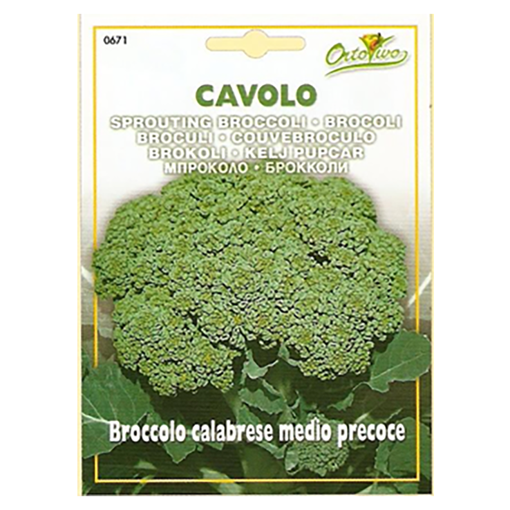 En esta imagen se ve un paquete de semillas de Brocoli Calabrese marca Ortovivo. En la imagen del envase se ve una flor de brocoli.