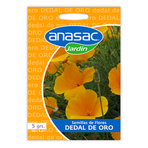 En esta imagen se ve un sobre de semillas Dedal de Oro de Anasac Jardín. El envase contiene 5 gramos y muestra una foto de flores Dedal de Oro amarillas.