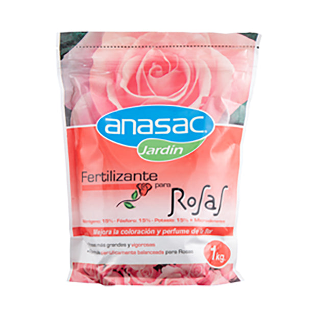 En esta imagen se ve Fertilizante para Rosas en su envoltorio. El color es Rosado y la marca es ANASAC Jardín. Compra este fertilizante en tiendajardin.cl
