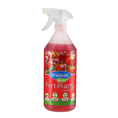 Fertilizante Ferplant Rojo, en su botella de un litro con un difusor líquido en la tapa. En la imagen de la botella aparecen flores rojas. Marca: ANASAC Jardín. tiendajardin.cl