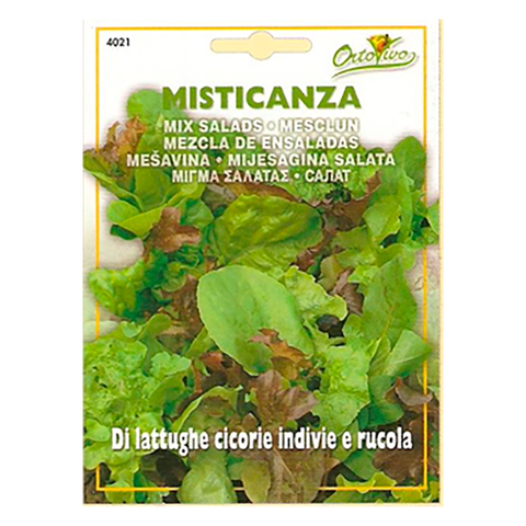 En esta imagen se ve un sobre de semillas de Mezcla de Ensaladas. la marca es Ortovivo y en la imagen del envase se ven hojas de diferentes hortalizas.