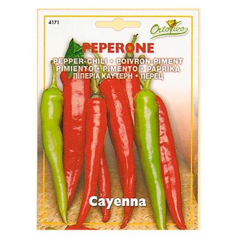 En esta imagen se ve un sobre de semillas de Pimiento Cayenna. también llamado ají o chile. La marca es ortovivo y en la imagen del envase se ven diferentes pimientos, rojos y verdes.