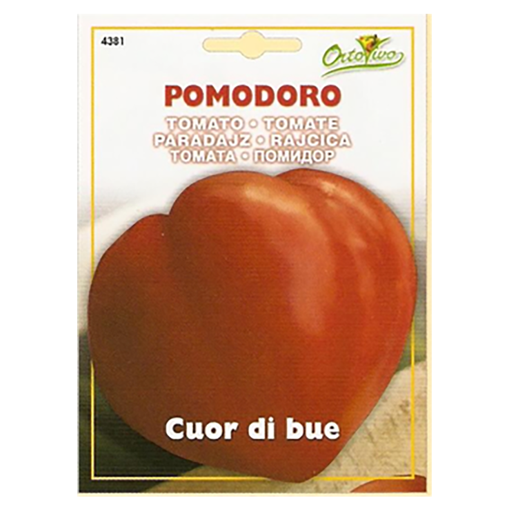 En esta imagen se ve un sobre de semillas de tomate corazón de buey marca Ortovivo. En la foto del envase se ve un tomate grande. Compra estás semillas en tiendajardin.cl
