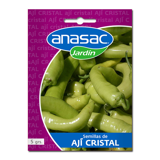 En esta imagen se ve un sobre de 5 gramos de semillas de Ají Cristal. La marca es ANASAC Jardín. El envase tiene un fondo morado y una foto donde se ven muchos ajíes.