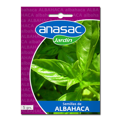 En esta imagen se ve un sobre de semillas de albahaca, contiene 5 gramos. La marca es Anasac Jardín. En la foto del envase se ven hojas de albahaca.