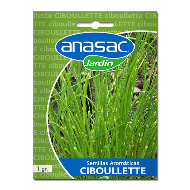 En esta imagen se ve un sobre de semillas de ciboulette marca ANASAC Jardín. En la imagen del envase se ve la planta de ciboulette ya en crecimiento.