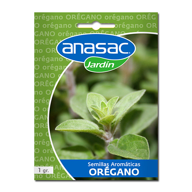 En esta imagen se ve un sobre de color verde que contiene 5 gramos de semillas de óregano. La marca es ANASAC Jardín. En el envase aparece una foto de una planta de orégano.
