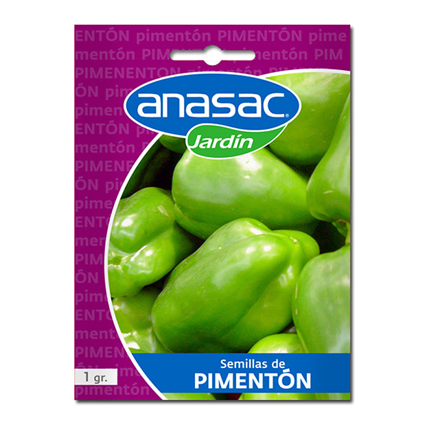 En esta imagen se ve un sobre de semillas de pimentón. La marca es Anasac Jardín. La imagen del envase muestra varios pimentones verdes.