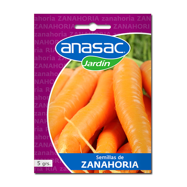 En esta imagen se ve un sobre de semillas de zanahoria marca ANASAC Jardín. El envase contiene 5 gramos de semillas y en la imagen de esté se muestran zanahorias.