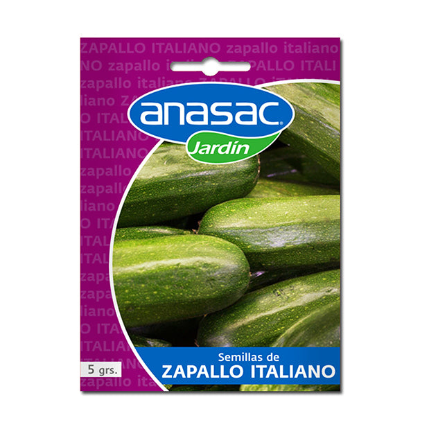 En esta imagen se ve un sobre de 5 gramos de semillas de Zapallo Italiano. Marca ANASAC Jardín. En la foto del envase se ven zapallos.